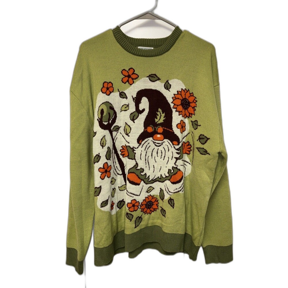 Earthbound Gnome Flowers Sunflowers Long Sleeve Knit Sweater Green M Pullover